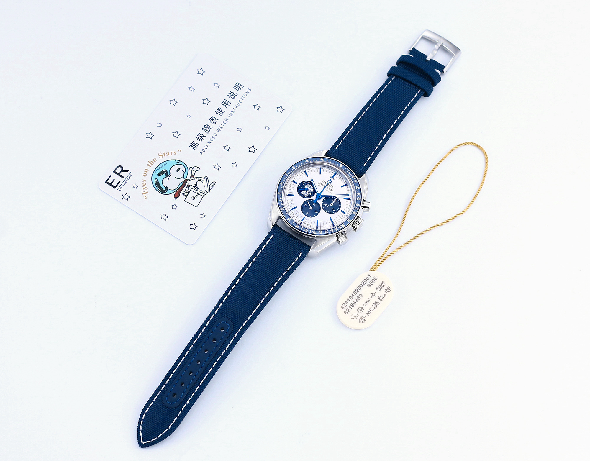 NO:945753,ER’s new product launches the ingenious heritage [OMEGA Speedmaster Snoopy Award 50th Anniversary] watch!  ER is committed to creating a movement that is closest to the original version. It is also the only factory on the market that has a 42mm case and can make the distance between the three small seconds dials on the dial almost the same as the original version. Please look for the version when purchasing!  The position and length of the dial's literal nails and the distance from the three small seconds dials are almost the same as the original version, which makes up for the regret of other versions on the market being fake at first glance. Welcome to compare and appreciate it!  Exclusively customized 3861 movement, the only function on the market is consistent with the original version, the 6-digit digit is a 12-hour clock!  The back of the watch has the same nipple shape as the original rocket needle, and is decorated with black engraving elements such as the 'Apollo' 13 mission and Omega's 'Snoopy Award'!  Fritillaria Earth Small Seconds presents a realistic appearance of the earth and original luminous light!  Original blue zirconium oxide [ZrO2] ceramic ring, arc-shaped double-sided anti-reflective and wear-resistant sapphire glass!  The side curvature is consistent with the original version, the details are more refined, and the texture is perfect in one step!  ER boutiques are on sale in limited quantities, welcome to taste!  ,,omega19860909ER新品发售匠心传承【OMEGA欧米茄超霸史努比奖50周年纪念款】腕表！ ER致力于打造最接近原版的机芯,也是目前市面上唯一一家表壳为42mm并能做到表盘三个小秒盘间距与原版几乎一致距离的工厂,购买请认准版本！ 表盘字面钉的位置、长度以及与三个小秒盘的距离与原版几乎无差,弥补了市面上其他版本一眼假的遗憾,欢迎对比品鉴！ 独家定制3861机芯,市面唯一功能与原版一致,6字位为12小时制！ 手表背面跑码火箭针针尾与原版一致奶嘴型,饰有致敬“阿波罗”13号任务及欧米茄“史努比奖”等黑色镌刻元素！云贝母地球小秒呈现逼真地球外貌及原版夜光！ 原版一致蓝色氧化锆［ZrO2］陶瓷圈口,弧拱形双面防反光耐磨损蓝宝石玻璃表镜！侧面弧度与原版一致,细节更精致,质感一步到位！ ER精品限量发售,欢迎品鉴！,,omega,Watch
