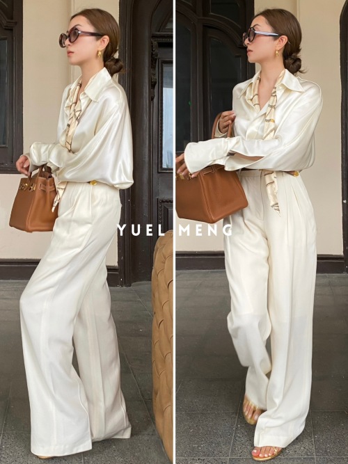 Elegant Women's High Waist Wide Leg Trousers - Flowy White Dress Pants 1 Elegant Women's High Waist Wide Leg Trousers - Flowy White Dress Pants