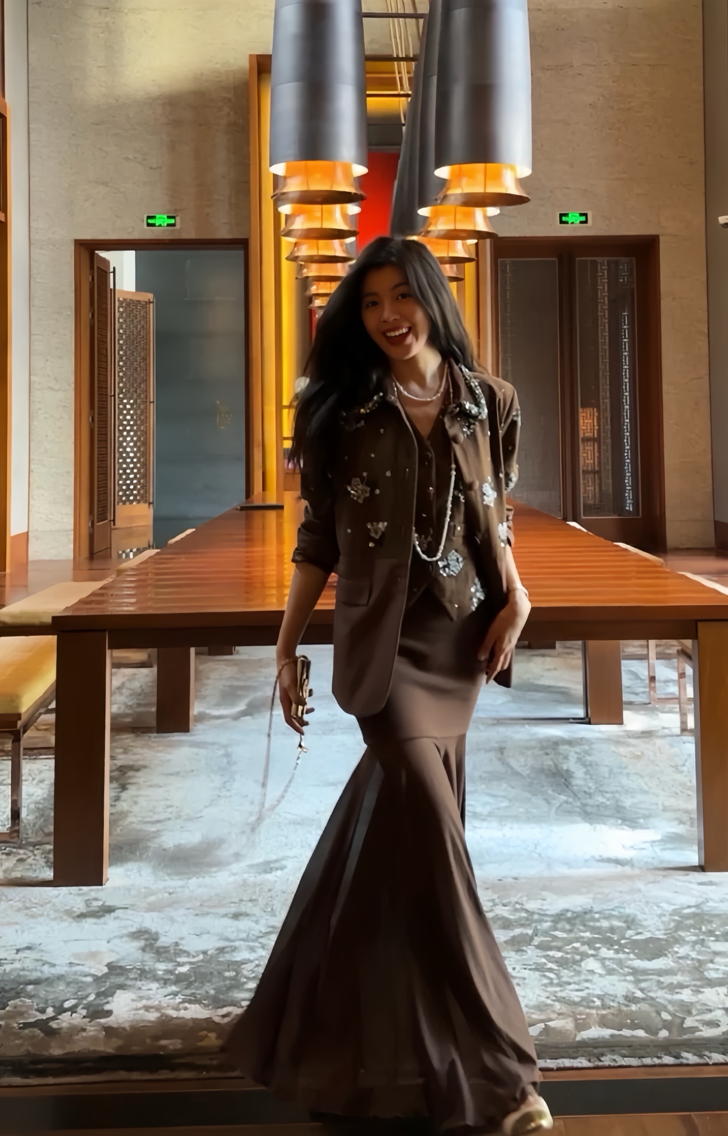 Elegant Women's Three-Piece Brown Suit Set - Blazer, Vest & Mermaid Skirt