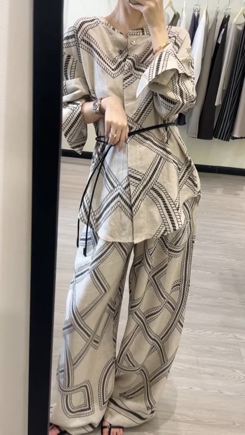 Elegant Women's Linen Blend Outfit Set with Abstract Print,S-XL 1 Elegant Women's Linen Blend Outfit Set with Abstract Print,S-XL