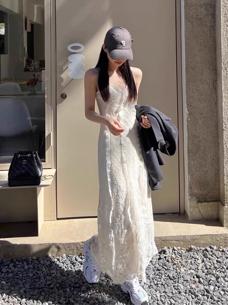 Elegant Floral Lace Cami Dress - French Style Fairycore Maxi Dress