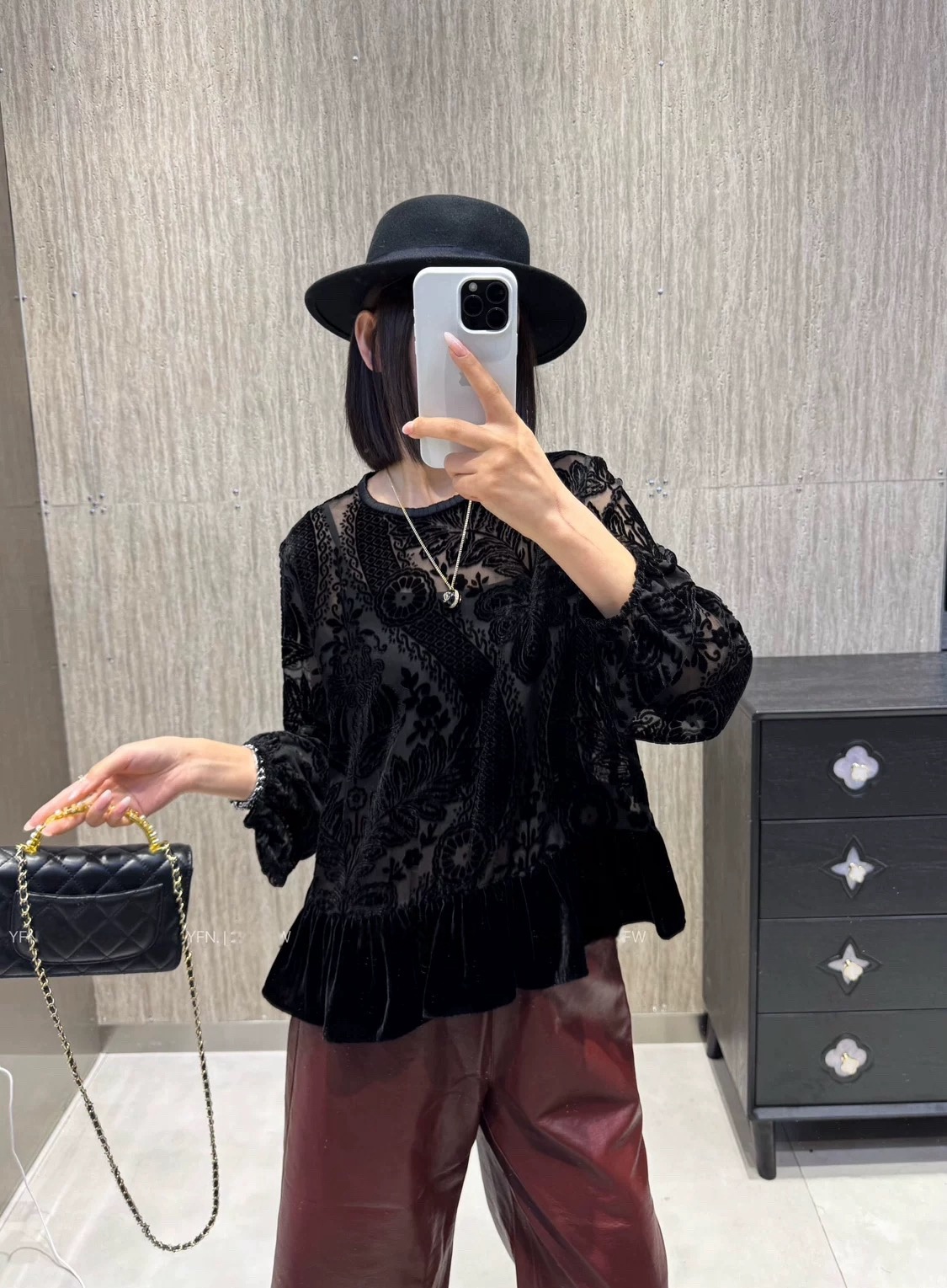 Elegant Burnout Velvet Floral Top with Ruffle Hem - Vintage Inspired