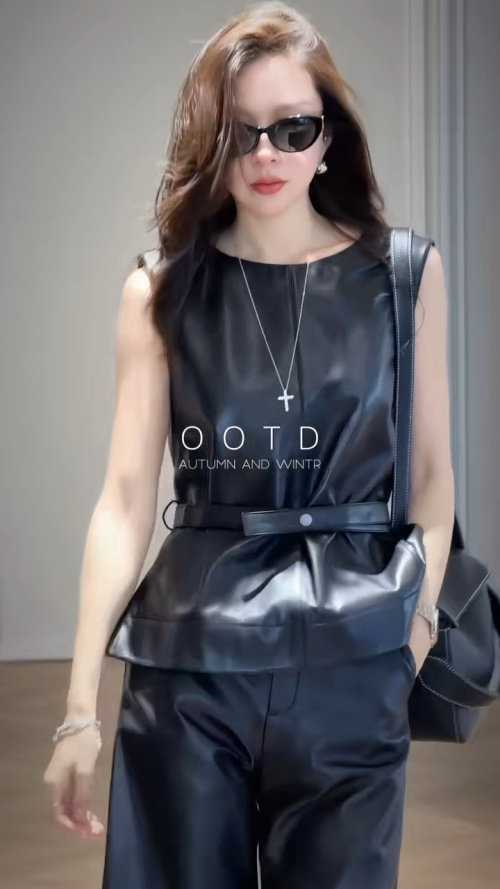 Sleeveless Leather Vest Top with Belted Waist - Sweet & Cool Design 1 Sleeveless Leather Vest Top with Belted Waist - Sweet & Cool Design