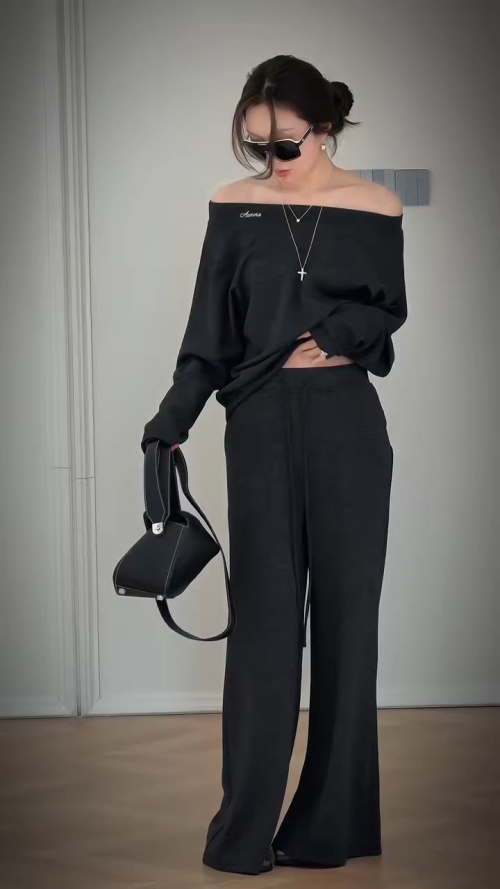 Off-Shoulder Sweatshirt and Wide Leg Pants Set, Slouchy, Modern, Minimalist 1 Off-Shoulder Sweatshirt and Wide Leg Pants Set, Slouchy, Modern, Minimalist