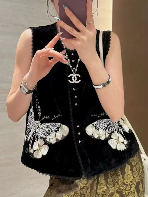 Elegant Velvet Vest with Floral Embroidery & Beaded Details, Sleeveless Top 1 Elegant Velvet Vest with Floral Embroidery & Beaded Details, Sleeveless Top