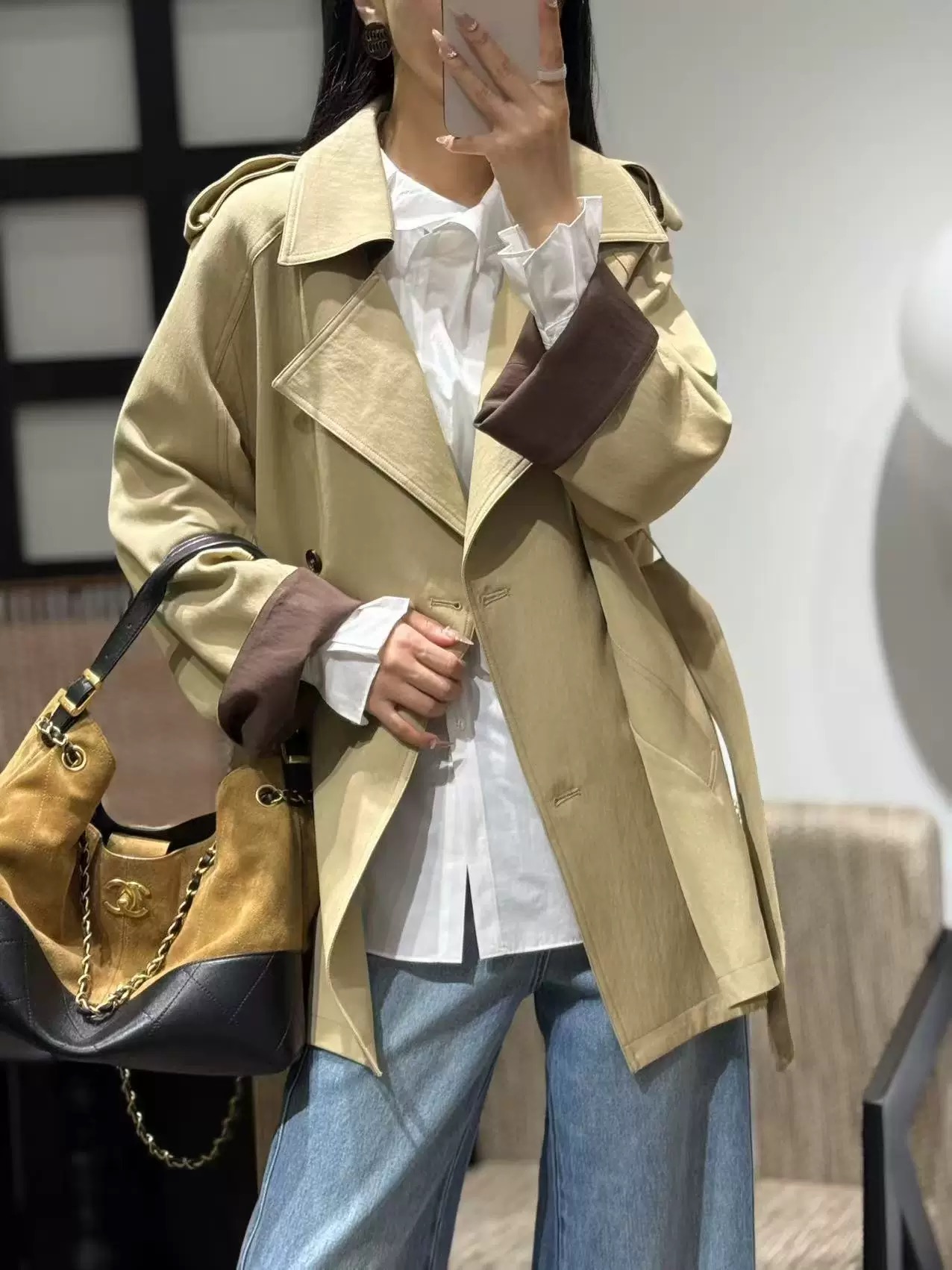 Elegant Color Block Trench Coat with Belt - Lightweight & Comfortable