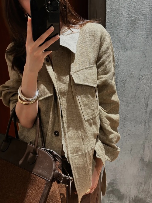 Elegant Linen Blend Lapel Collar Jacket, Loose Fit with Tie Waist 1 Elegant Linen Blend Lapel Collar Jacket, Loose Fit with Tie Waist
