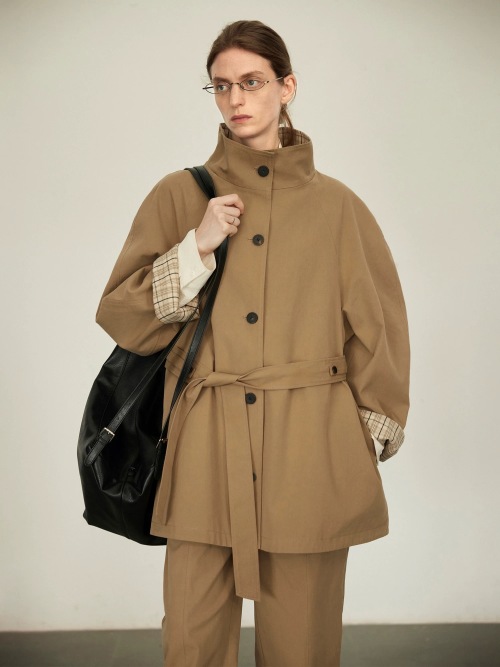 Double-Faced Plaid Mid-Length Trench Coat Wooden Texture Stand Collar 1 Double-Faced Plaid Mid-Length Trench Coat Wooden Texture Stand Collar