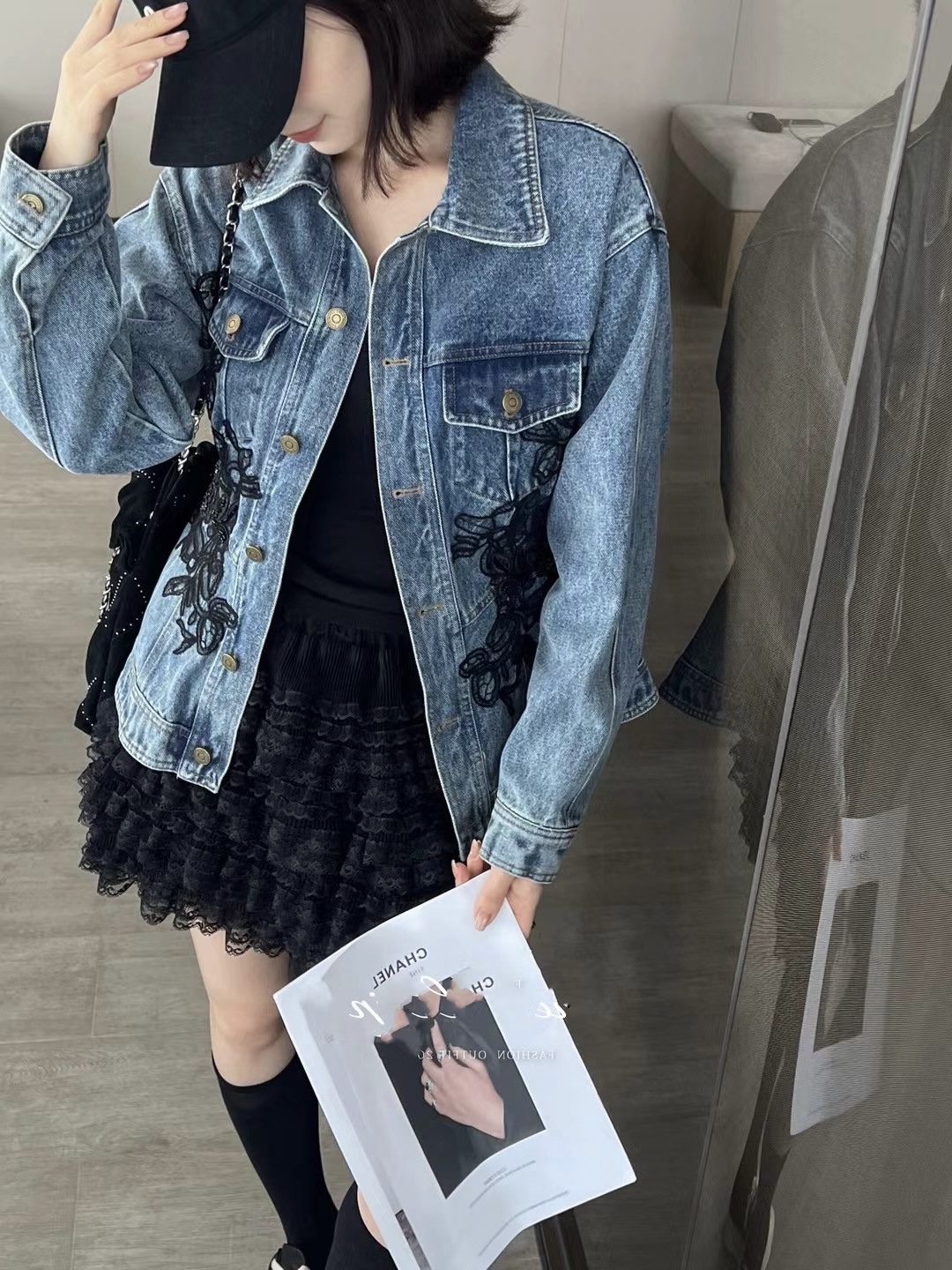 Denim Jacket with Lace Inset, Embroidered Detail, Fitted Silhouette 8 i1758989673834 7566 0 8