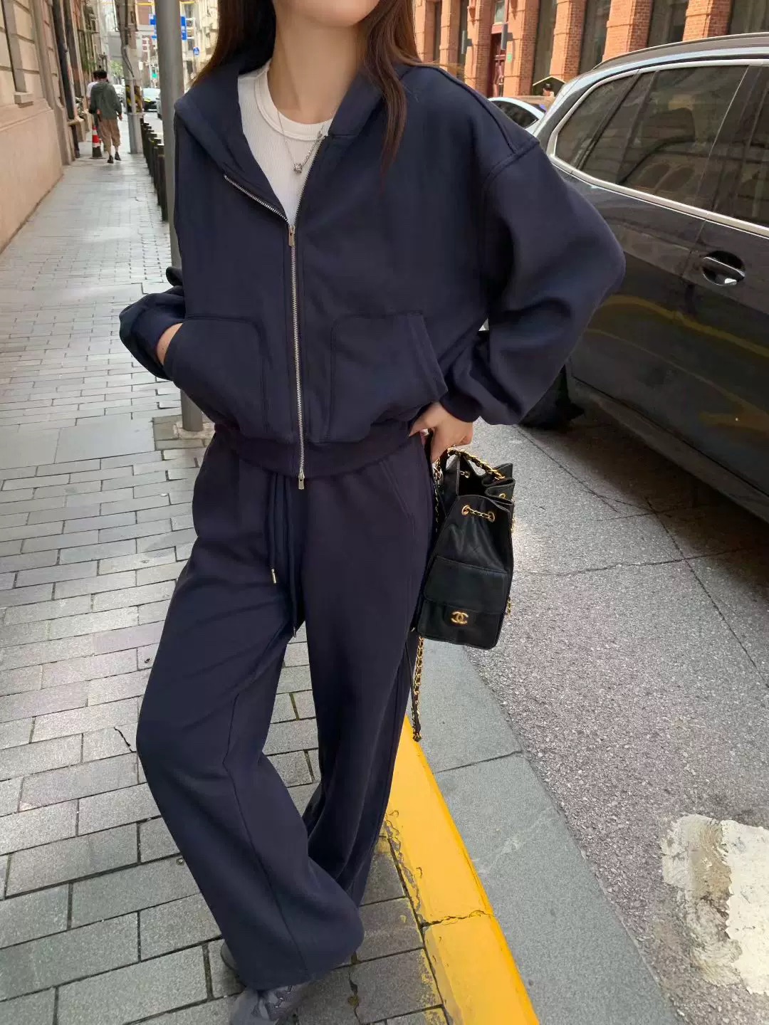 Relaxed Fit Hooded Zip-Up Sweatshirt and Wide-Leg Pants Two-Piece Set