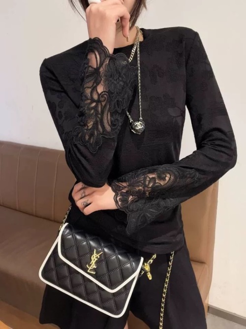 Elegant Lace Trim Long Sleeve Top, Stylish & Comfortable Fit, S-XL 1 Elegant Lace Trim Long Sleeve Top, Stylish & Comfortable Fit, S-XL