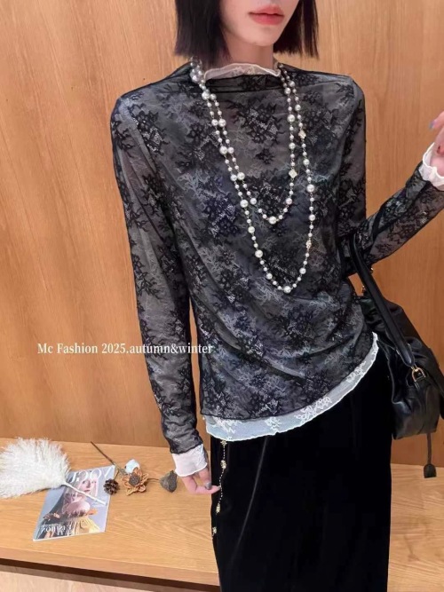 Elegant Lace Mock Neck Long Sleeve Top, Sheer Floral Pattern Blouse 1 Elegant Lace Mock Neck Long Sleeve Top, Sheer Floral Pattern Blouse