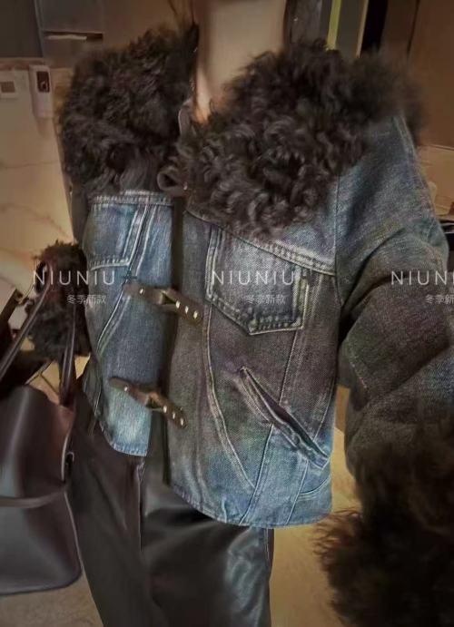 Navy Collar Denim Jacket with Fur Lining and Down Padding - Chic & Warm 1 Navy Collar Denim Jacket with Fur Lining and Down Padding - Chic & Warm
