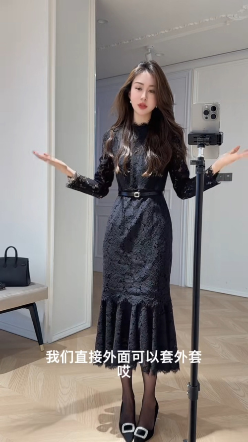 Elegant Black Lace Mermaid Dress with High Waist and Long Sleeves 1 Elegant Black Lace Mermaid Dress with High Waist and Long Sleeves