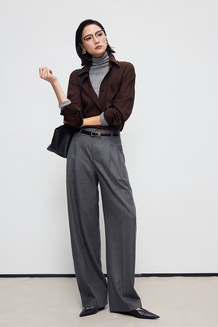 Elegant Wool Wide Leg Pants with Pleated Design, High-Waisted Trousers