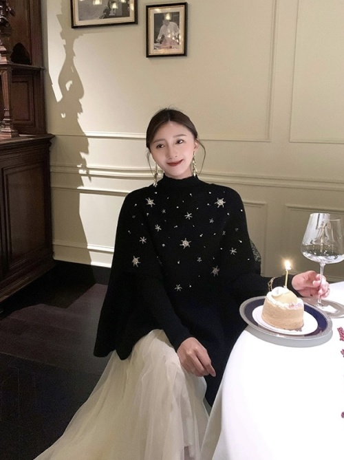 Sparkling Star Wool Cape Top - Elegant Boat Neck Design with Delicate Beadwork 1 Sparkling Star Wool Cape Top - Elegant Boat Neck Design with Delicate Beadwork