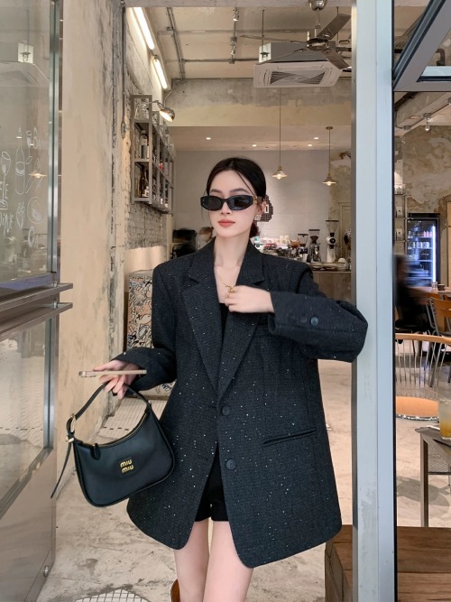Elegant Women's Wool Blend Tweed Blazer with Silver Glitter Accents 1 Elegant Women's Wool Blend Tweed Blazer with Silver Glitter Accents