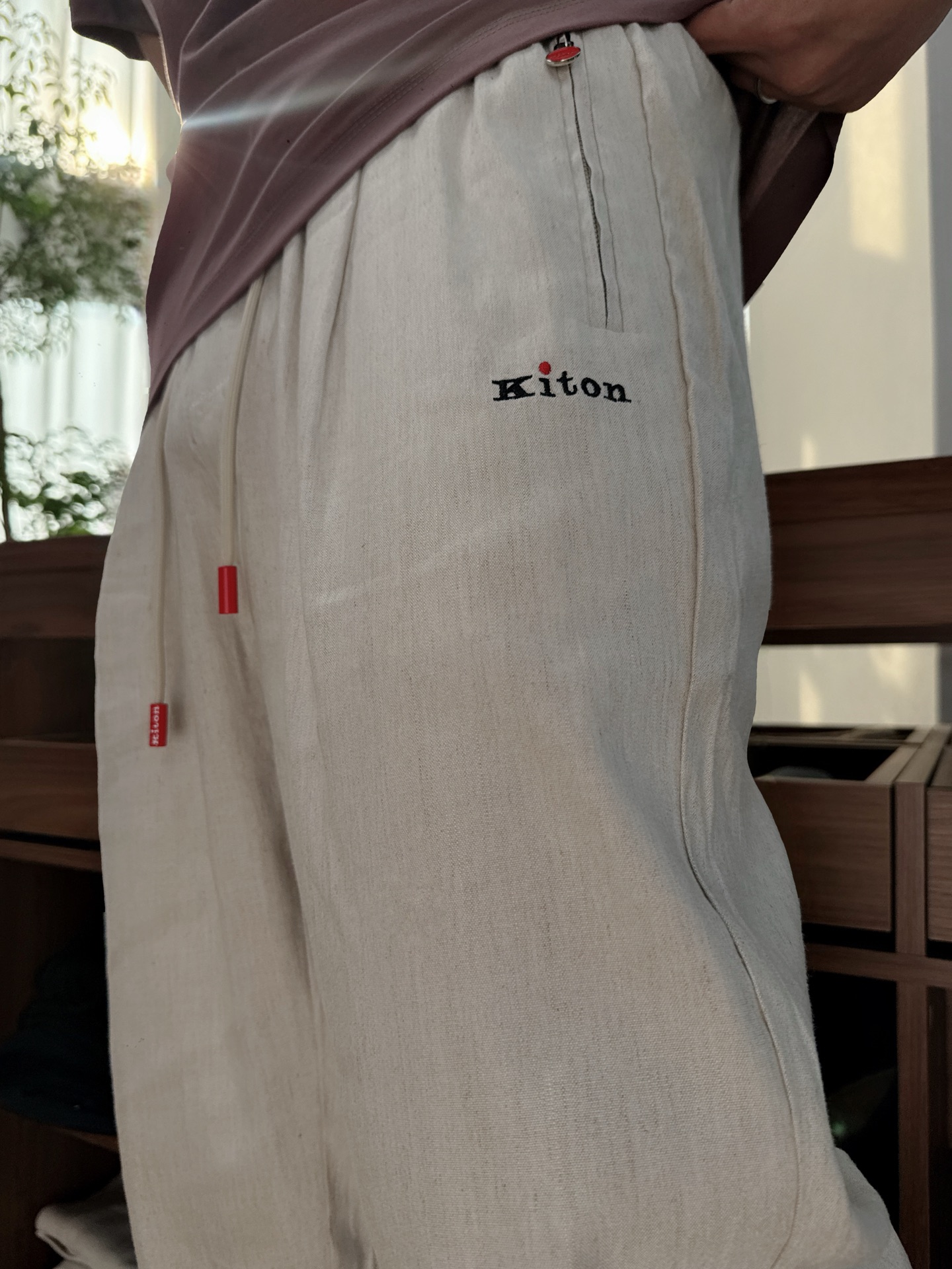 kit小红点亚麻休闲裤.