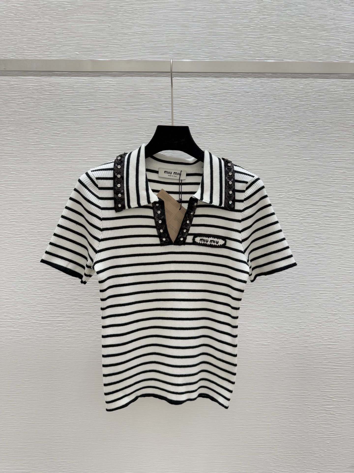 NO:434856,M Home New Summer Lapel Beaded Stripe Knitted Short Sleeve Color Black Size 36.38.40, T-shirt,alexander wang19860909M家 夏季新款 翻领钉珠条纹针织短袖 颜色黑色 尺码36.38.40,,T-shirt,alexander wang,Women's clothing