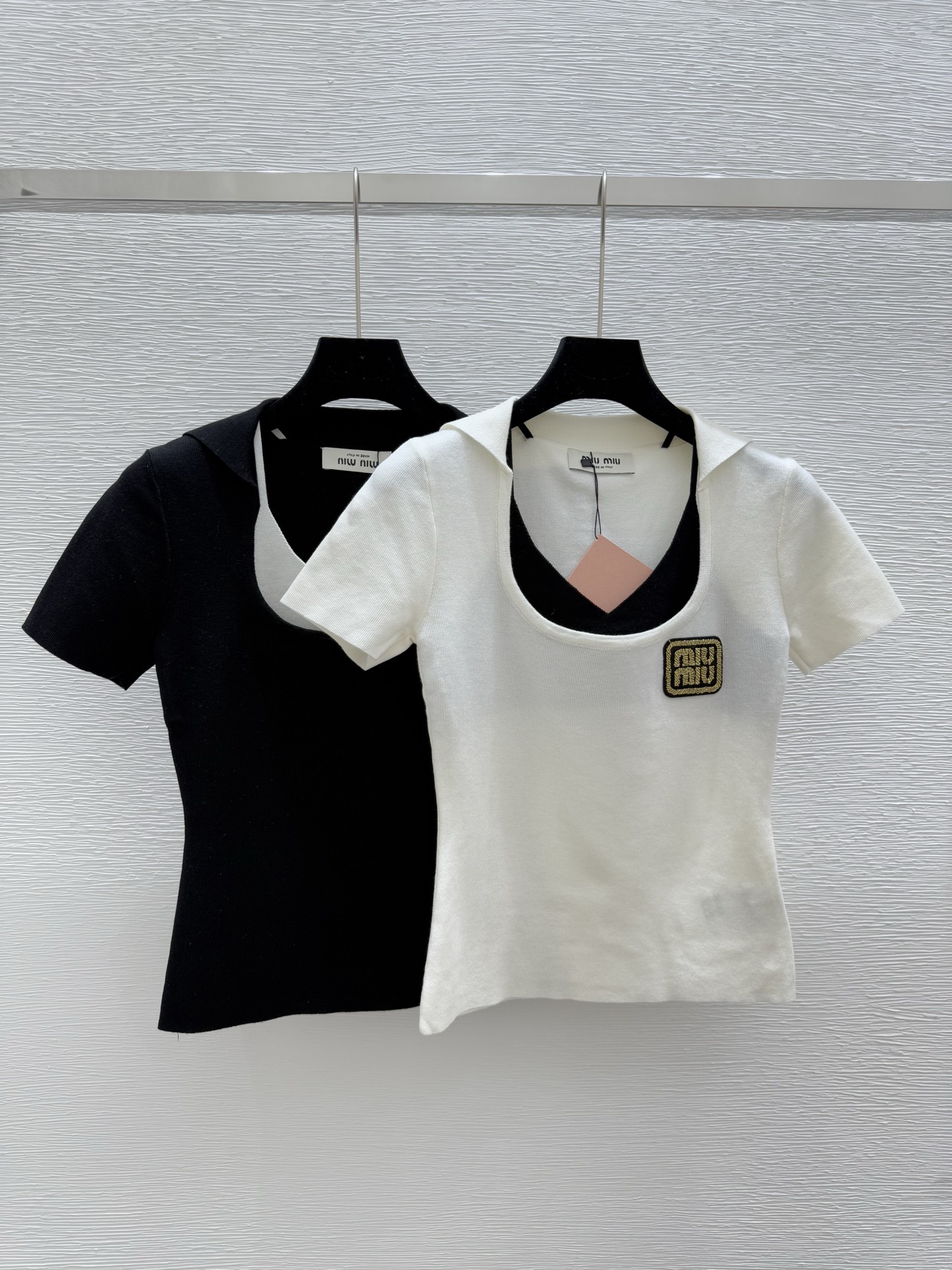 NO:434858,M Home Summer New Style Lapel Fake Two-Piece Knitted Short Sleeve Color White Black Size 36.38.40, T-shirt,alexander wang19860909M家 夏季新款 翻领假两件针织短袖 颜色白色 黑色 尺码36.38.40,,T-shirt,alexander wang,Women's clothing