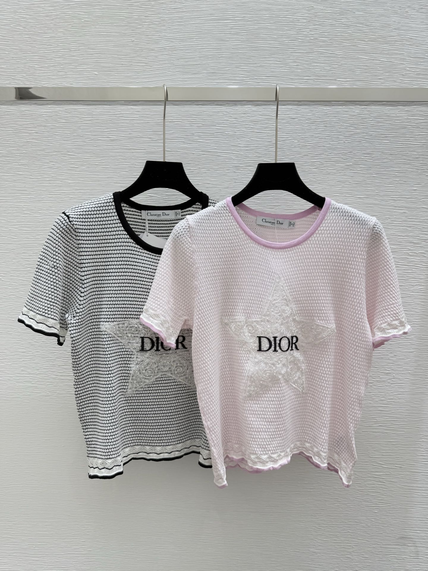 NO:434857,D Home Summer New Style Letter Five-pointed Star Knitted Round Neck Short Sleeve Color Pink Gray Size 36.38.40, Dior, T-shirt, alexander wang19860909D家 夏季新款 字母五角星针织圆领短袖 颜色粉色 灰色 尺码36.38.40,,dior,T-shirt,alexander wang,Women's clothing
