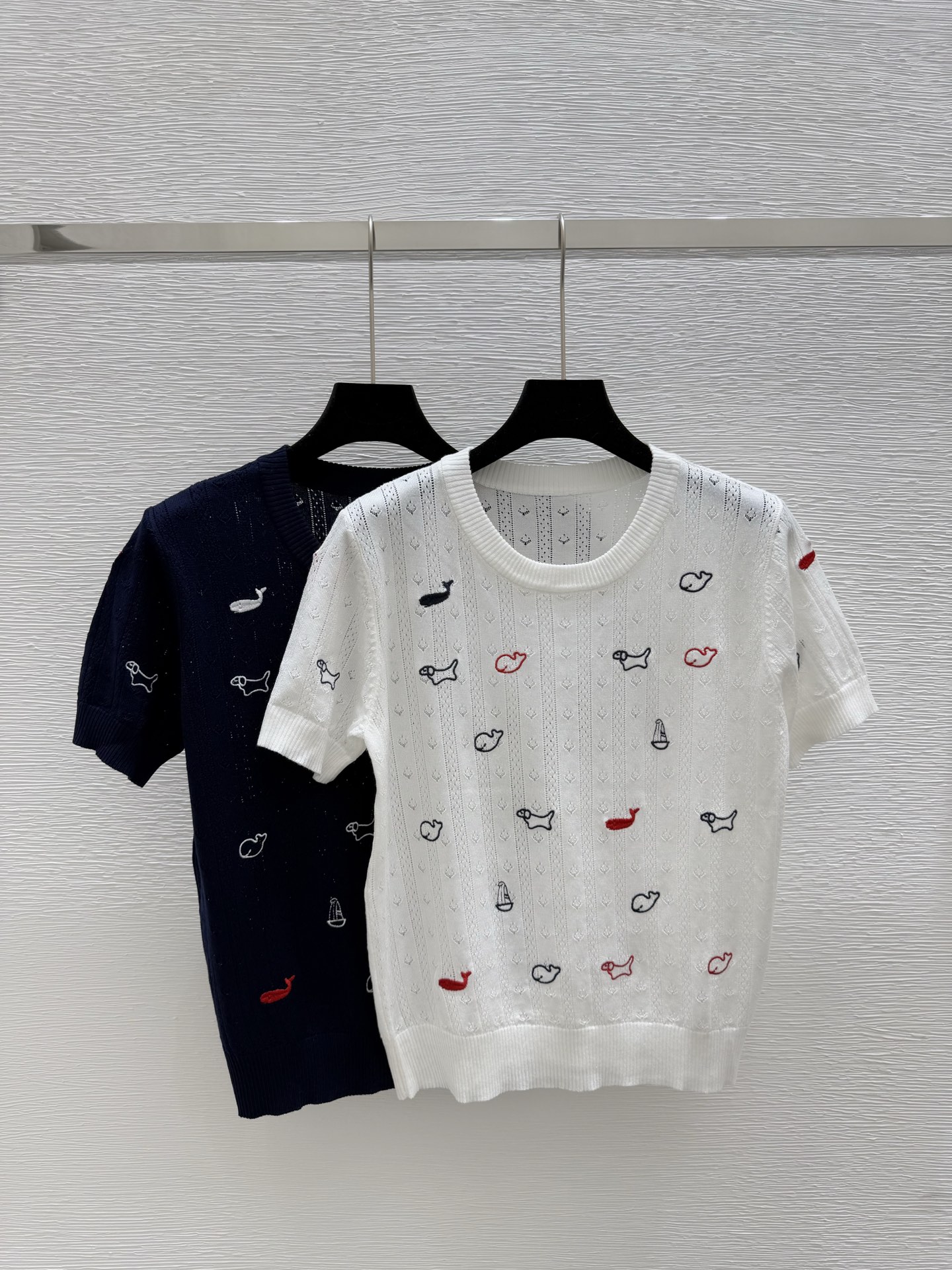 NO:434871,TB Home Summer New Style Marine Animal Embroidery Round Neck Knitted Short Sleeve Color White Royal Blue Size 36.38.40, T-shirt,alexander wang19860909TB家 夏季新款 海洋动物刺绣圆领针织短袖 颜色白色 宝蓝 尺码36.38.40,,T-shirt,alexander wang,Women's clothing