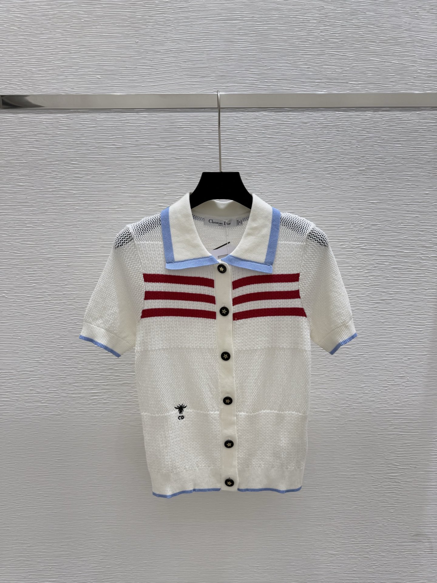 NO:434874,D Home Summer New Style Contrast Edge Lapel Hollow Knitted Short Sleeve Color White Size 36.38.40, Dior, T-shirt, alexander wang19860909D家 夏季新款 撞色边翻领镂空针织短袖 颜色白色 尺码36.38.40,,dior,T-shirt,alexander wang,Women's clothing