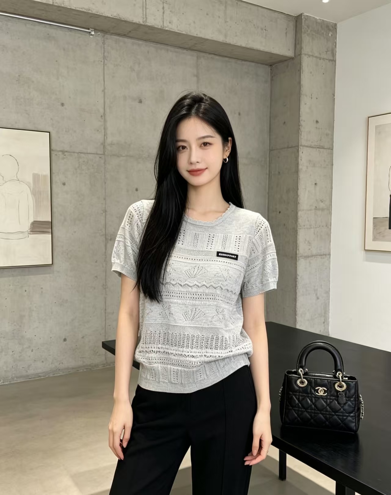 🆕M家🆕 春夏新款 纯色镂空圆领针织短袖颜色：白色 灰色尺码：36.38.40