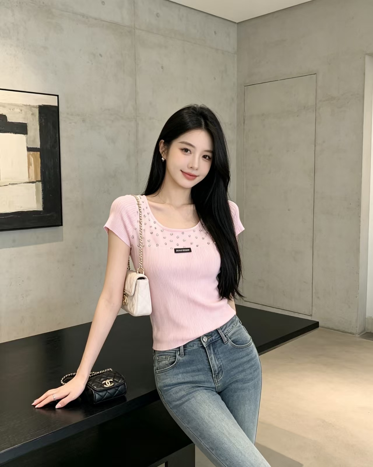 🆕M家🆕 春夏新款 纯色钉珠U领针织短袖颜色：白色 粉色尺码：36.38.40