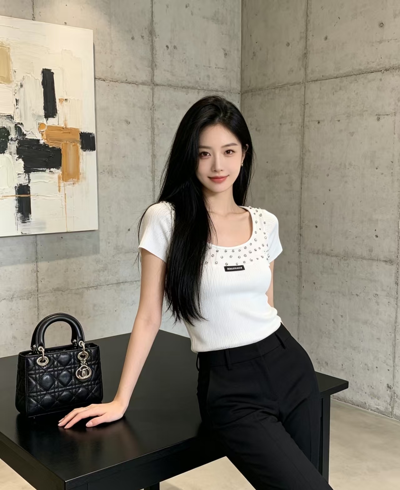 🆕M家🆕 春夏新款 纯色钉珠U领针织短袖颜色：白色 粉色尺码：36.38.40