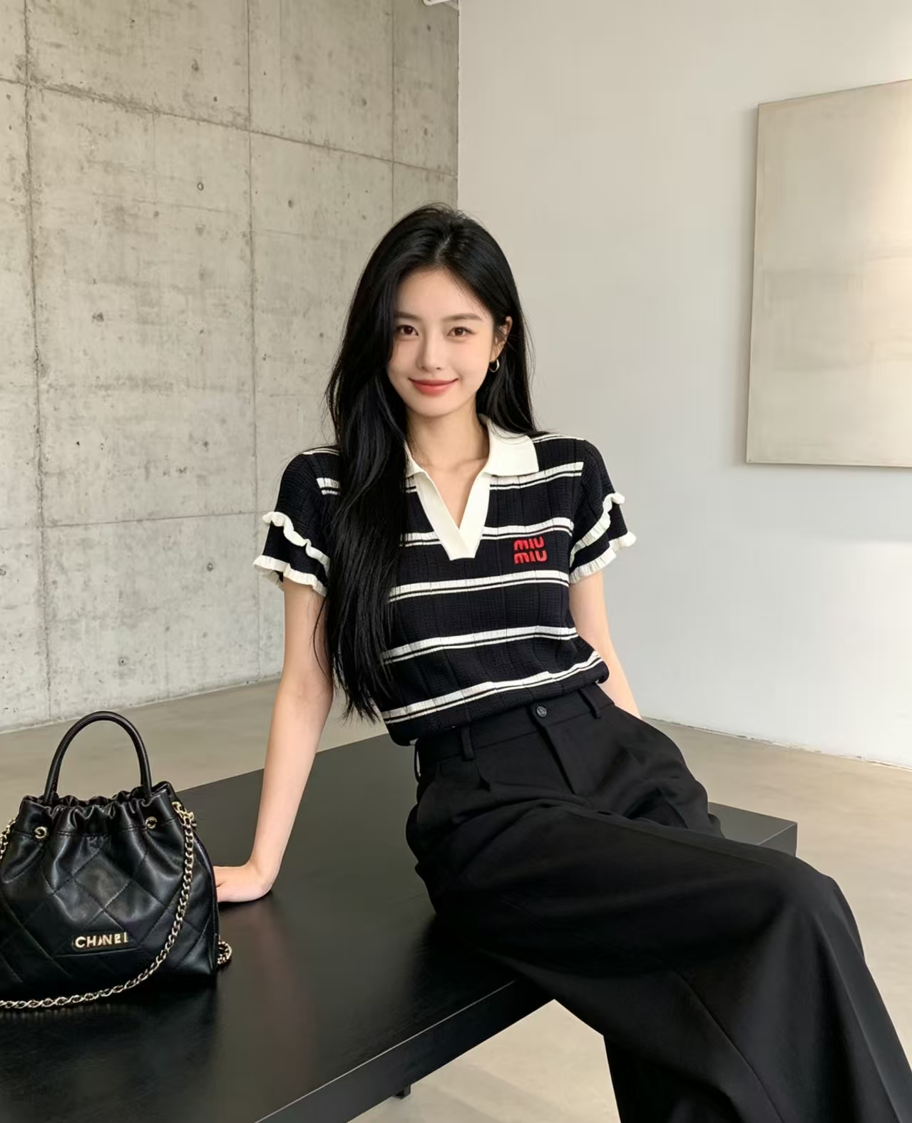 🆕M家🆕 春夏新款 撞色条纹翻领针织短袖颜色：白色 宝蓝尺码：36.38.40