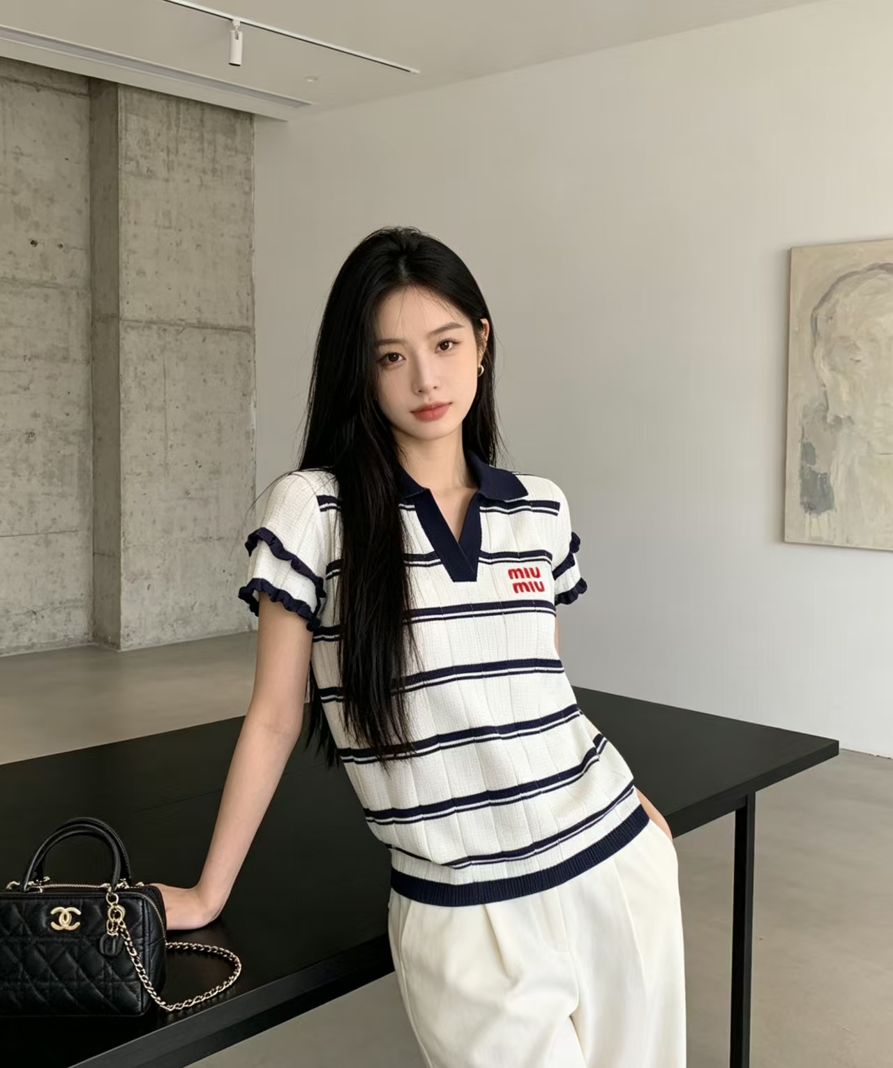 🆕M家🆕 春夏新款 撞色条纹翻领针织短袖颜色：白色 宝蓝尺码：36.38.40