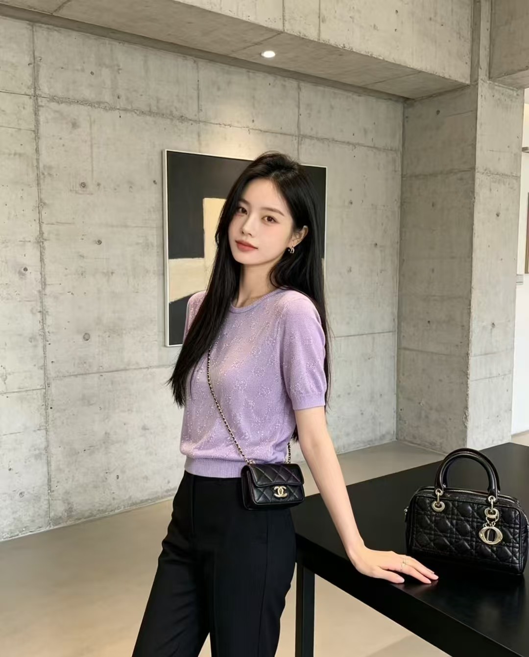 🆕G家🆕 春夏新款 纯色烫钻老花字母圆领针织短袖颜色：卡其 紫色尺码：36.38.40