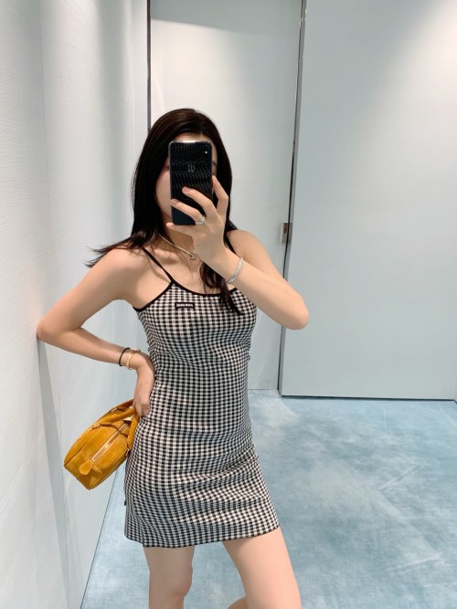Miu Miu Gingham Knit Mini Dress, Sleeveless Bodycon with Logo Patch 1 Miu Miu Gingham Knit Mini Dress, Sleeveless Bodycon with Logo Patch