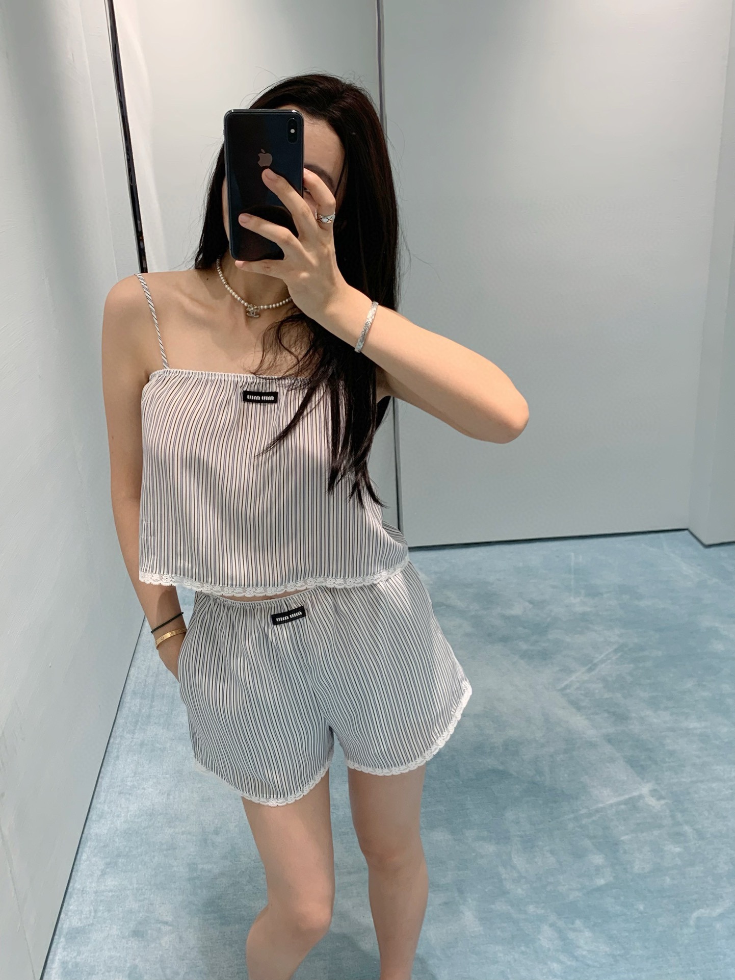 Miu Miu Striped Silk Cami Top & Shorts Set with Lace Trim