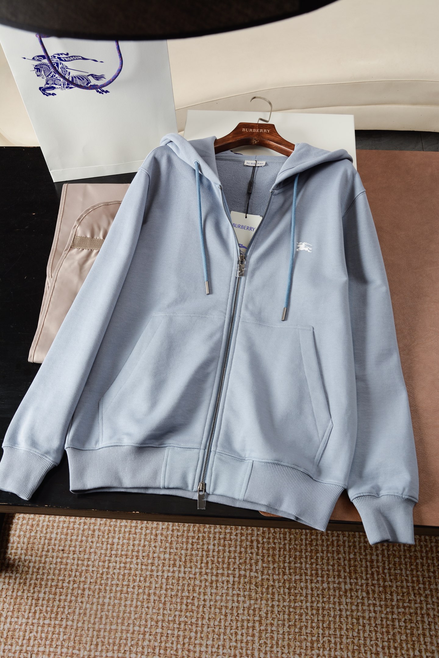 Embroidered Logo Zip-Up Hoodie with Drawstring Hood, Black Cotton Fleece