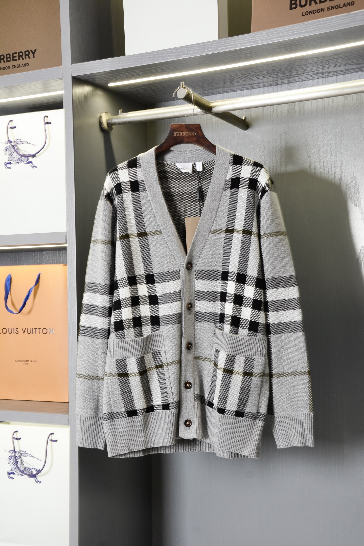 Gray Plaid Wool Blend Jacquard Cardigan, Classic Knitwear – 75 Characters