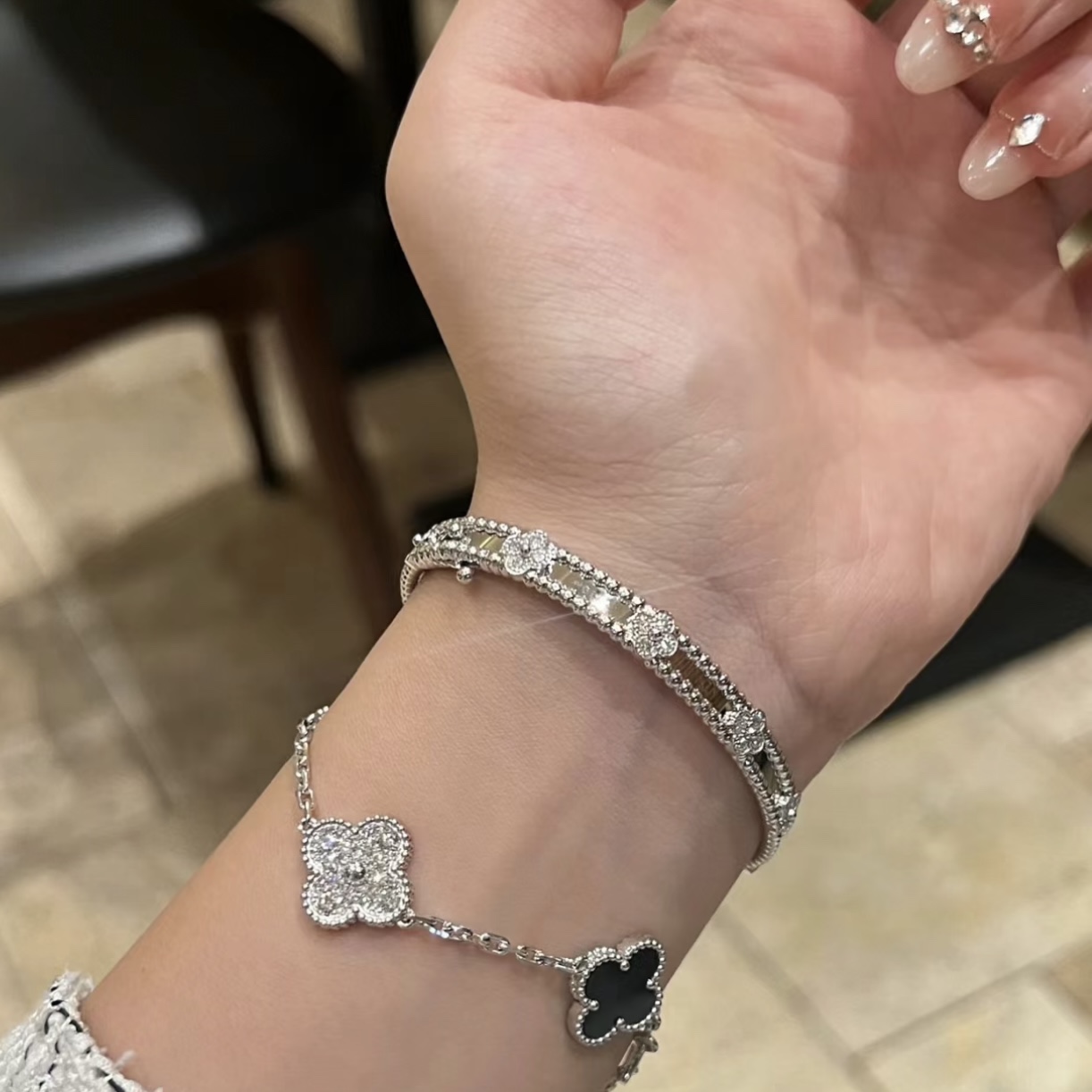 Van Cleef & Arpels Alhambra Diamond Bangle Bracelet - Platinum Gold Finish 10 i1705922563 9063 4