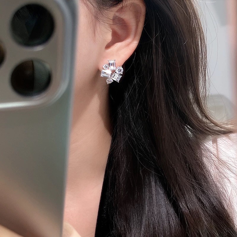 
S0137👑 轻奢🌹几何💎方形钻椭圆钻 拼接锆石 耳拍 S925纯银异形钻石珠宝耳饰💗高定异形钻💖耳钉