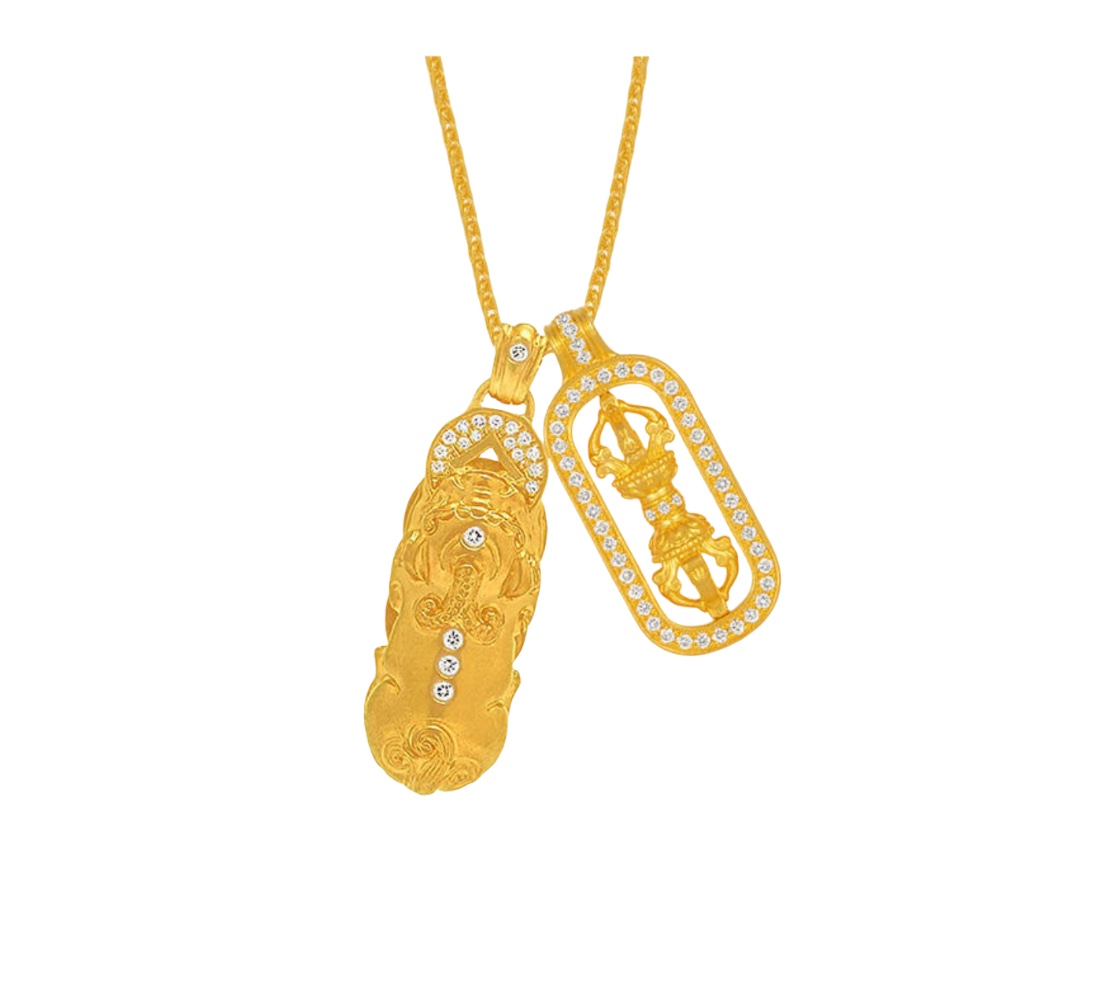 纯银版】老铺黄金 金刚杵招财貔貅吊坠镶钻 项链 仿真24k黄金 质感十足 招财开运 非常适合日常佩戴 电镀厚金 纯银项链 2