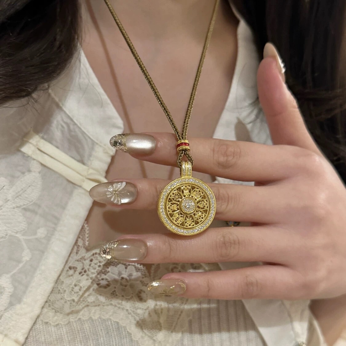 
A5745 👑 古法黄金工艺  八宝罗盘 转动 如意绳 项链 新中式高级感时来运转古法黄金点钻 S92