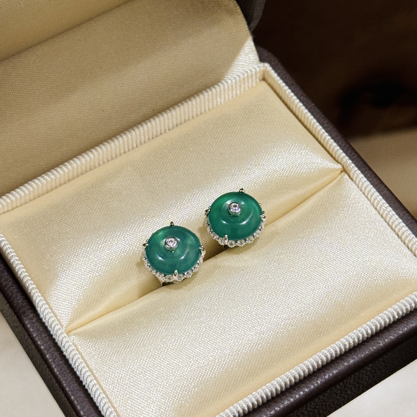 Green Jade Peace Buckle Stud Earrings with Diamond Accents in Sterling Silver