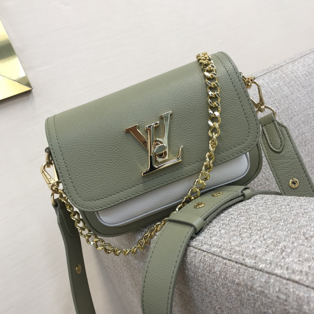 LV Lockme Tender Handbag Grained Calfskin Polished Metal Chain LV Twist Lock Adjustable Strap Shoulder Crossbody - Top Quality