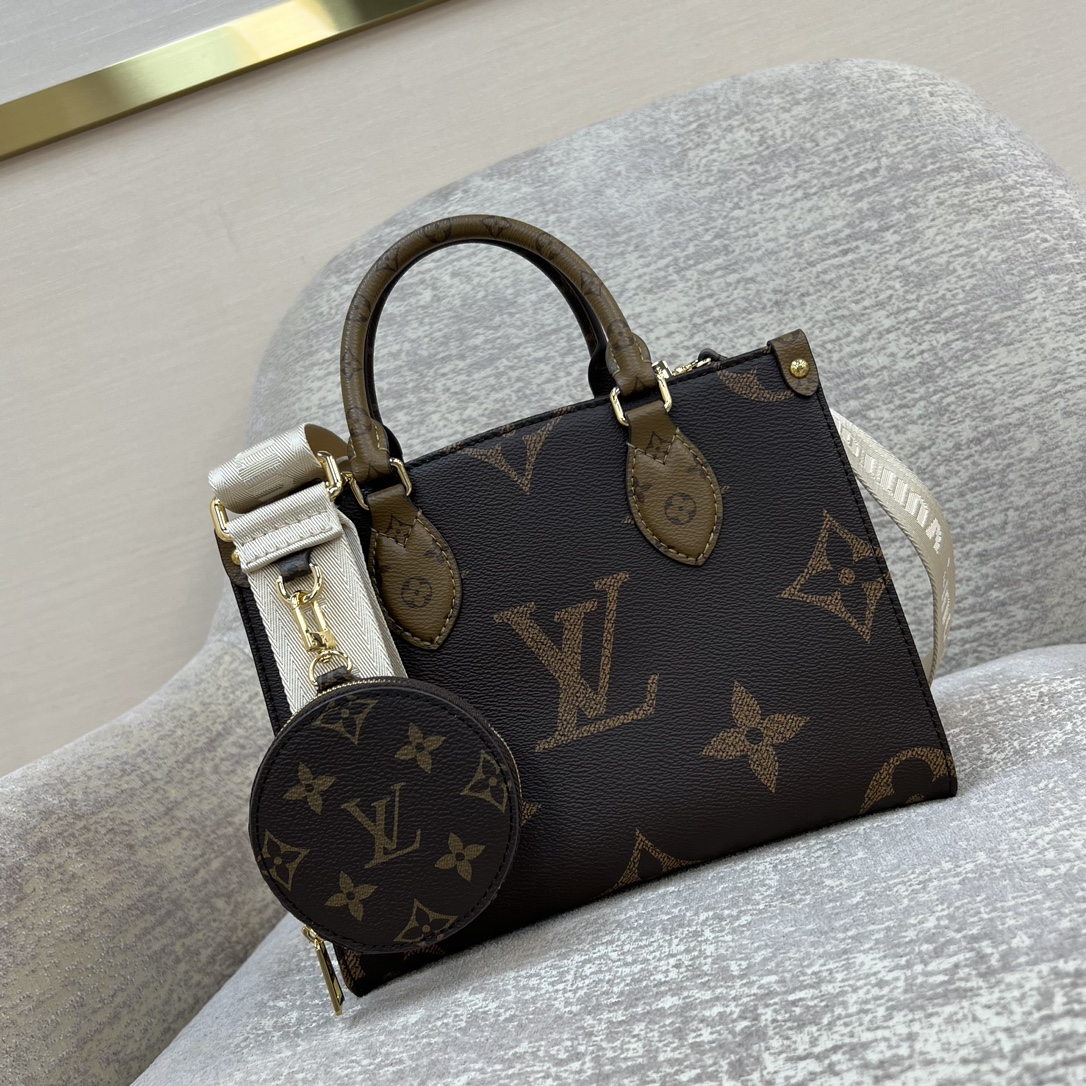 LV Onthego 스몰 토트백 Monogram Giant 캔버스 양손잡이 롱 숄더 스트랩 탈착식 코인 파우치 - 최상급 품질