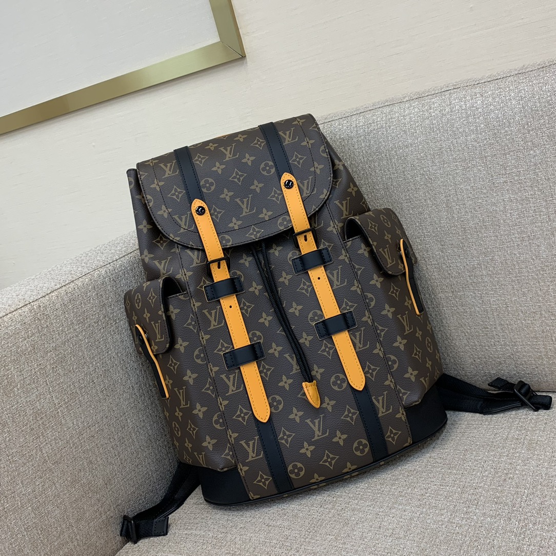 LV Christopher MM рукзак Monogram Macassar палатно скураная акантоўка Saffron колер пярэдні рамень два вялікія бакавыя кішэні рэгуляваныя рамні - вышэйшая якасць