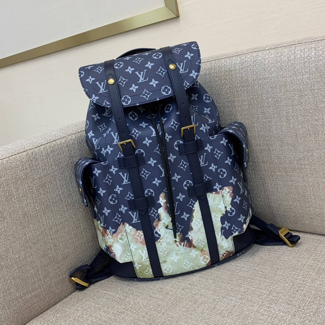 LV Christopher сярэдні заплечнік Monogram палатно, натхнёны адбеленым дэнімам, светлы ўзор, кішэня для iPad, шмат аддзяленняў — топ-якасць