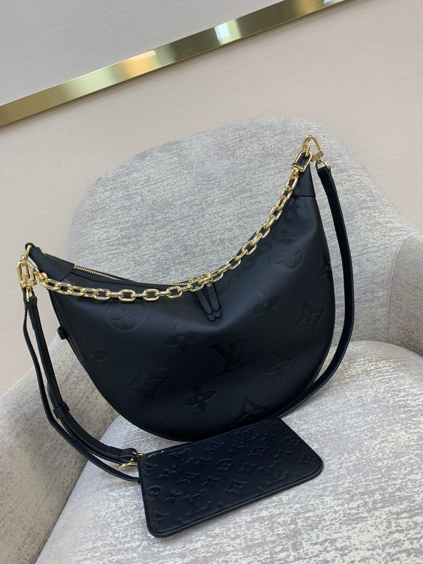 LV Loop Hobo Bag Monogram Empreinte Leather Half-Moon Shape Detachable Zip Pocket Chain Adjustable Strap Shoulder Crossbody - Top Quality
