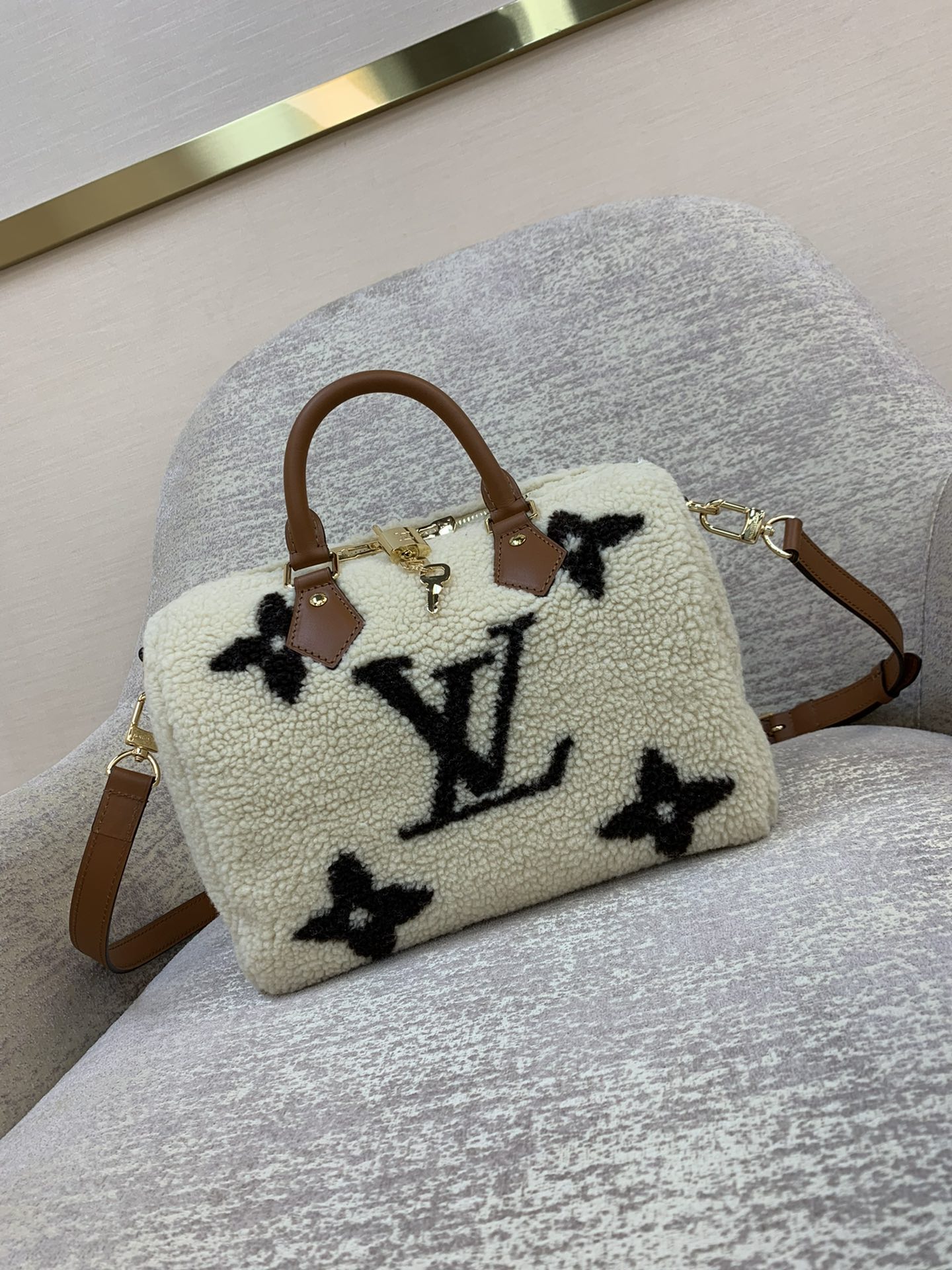 LV Speedy Bandoulière 25 handtas wolleer gerstekorrelleer afwerking Giant Monogram intarsia bovenhandgreep verstelbare schouderband - topkwaliteit