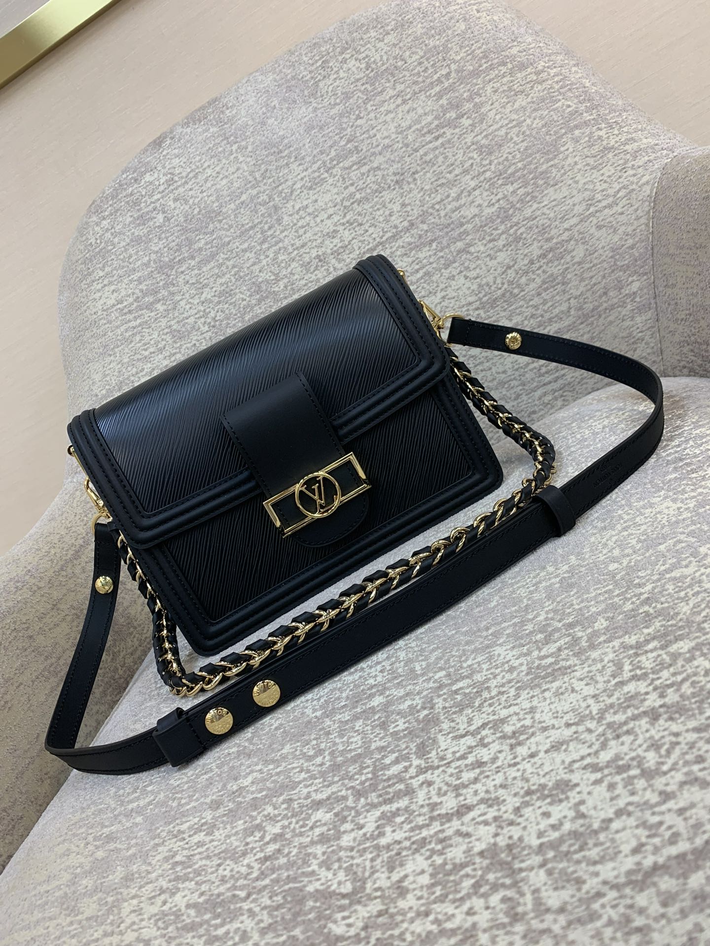 Sac LV Dauphine moyen en cuir Epi, bandoulière chaîne tressée amovible, multi-compartiments, épaule et bandoulière - qualité supérieure
