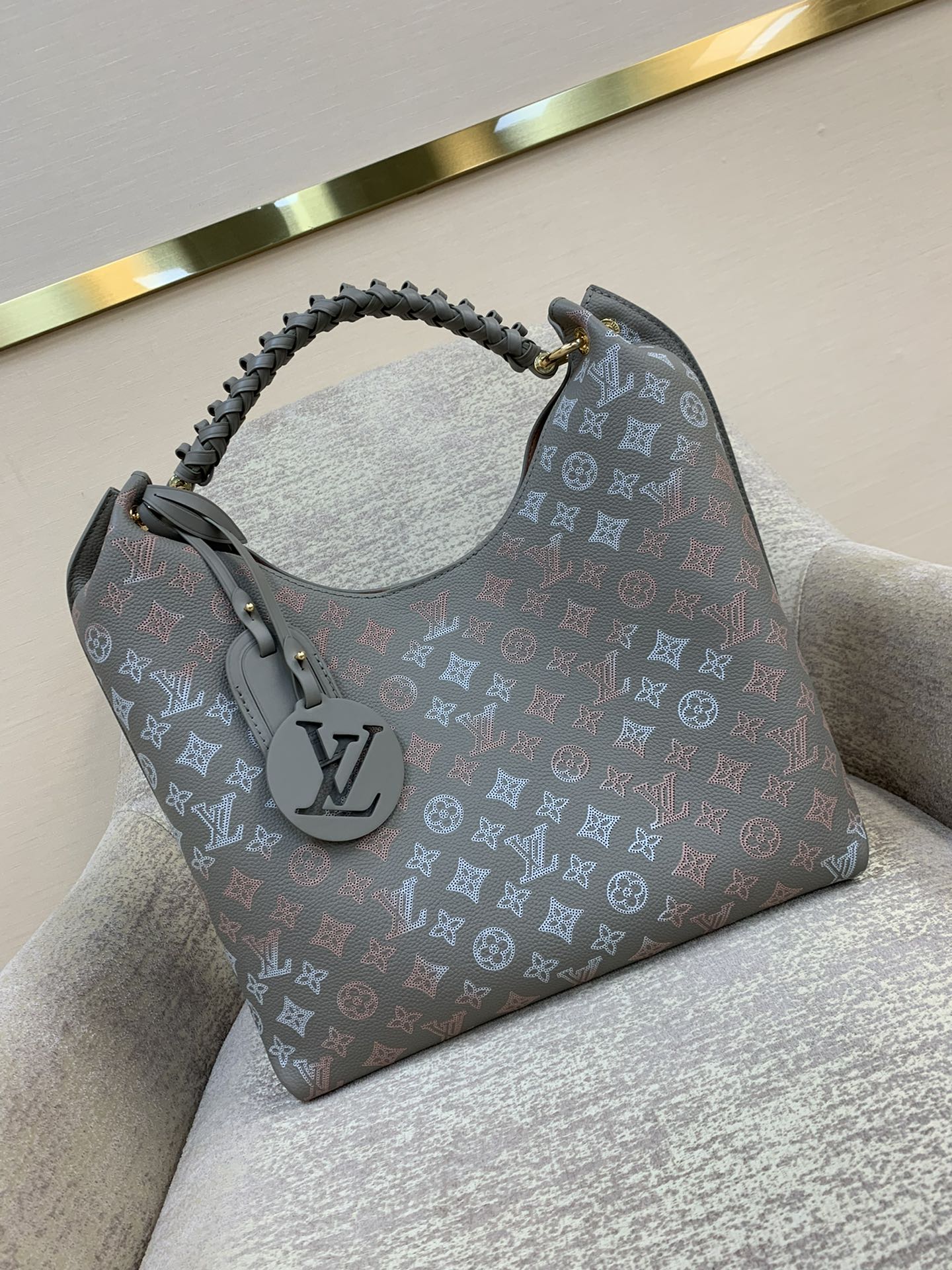 LV Carmel Bag Mahina Perforated Calfskin Light Gold Hardware Woven Leather Top Handle Interior Zip Pocket Shoulder Handbag - Top Quality